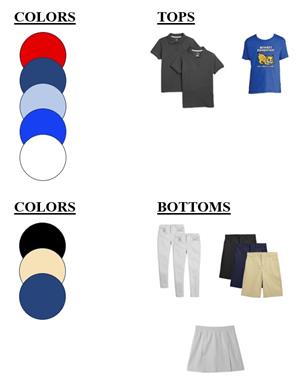Uniforms: Red, white, or blue tops & Black, khaki, or navy blue bottoms